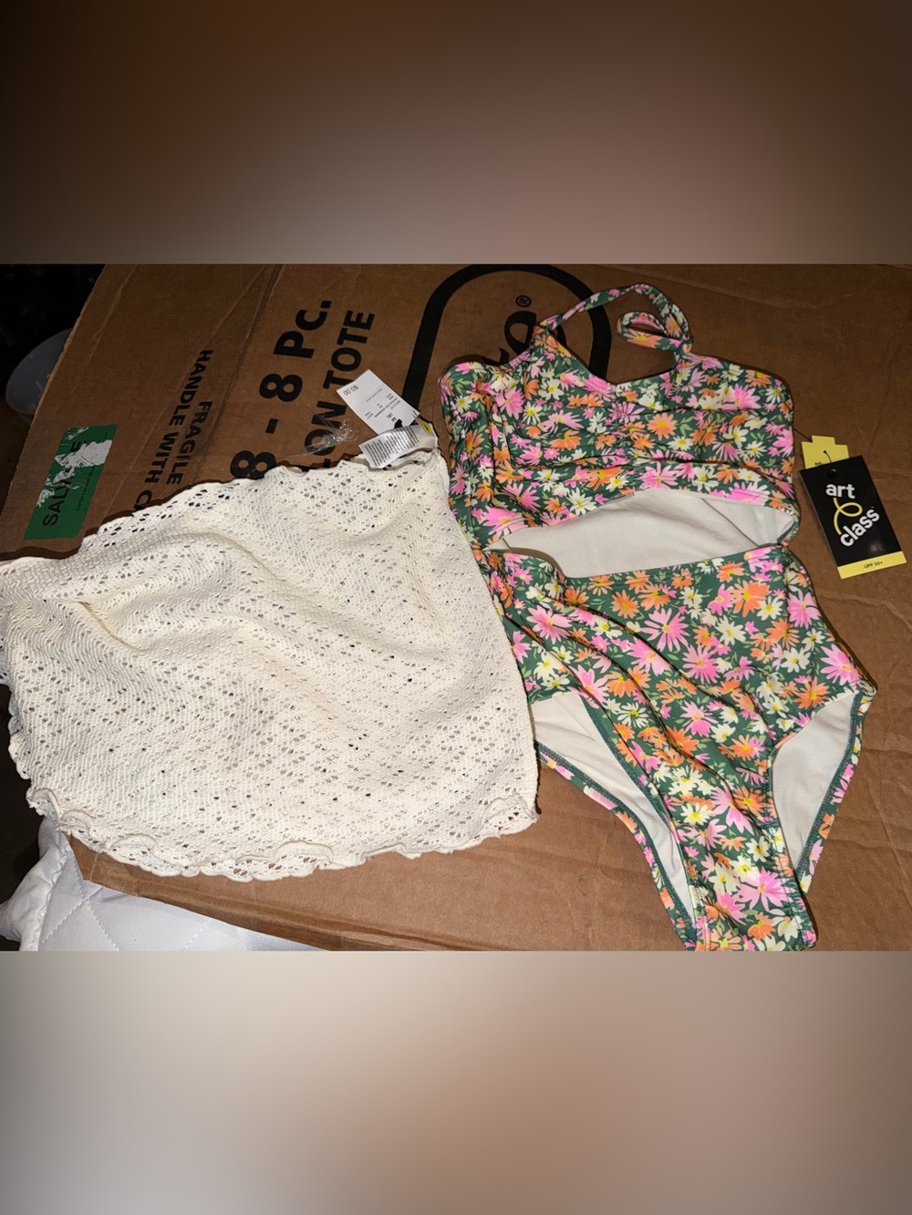 Target Girls Floral One-Piece Swimsuit with Cream Crochet Cover-Up